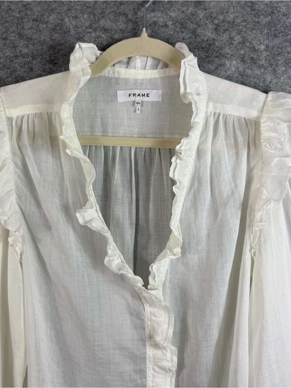 FRAME Ruffled Blouse Lauren White Ramie Gauze Size M Sheer Long Sleeve Top